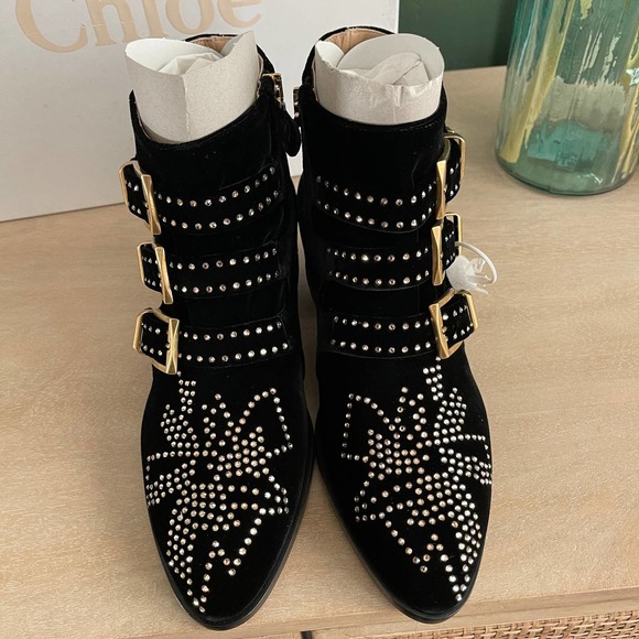 New Chloe Susanna Velvet Boots 36 Black Gold $1410 - Picture 7 of 10